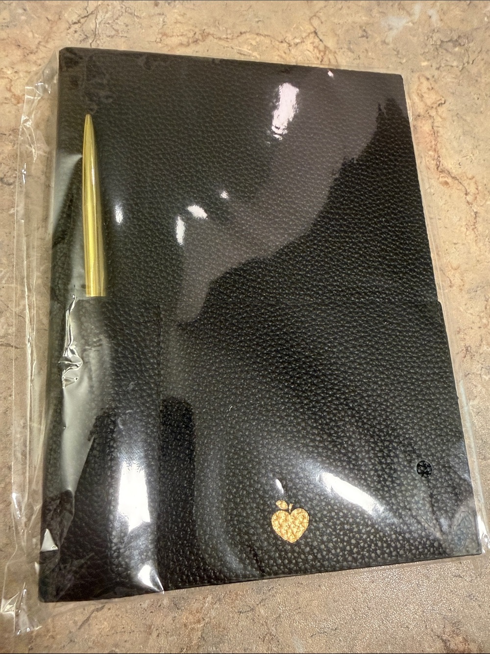 Vegan leather Black Notebook with Gold Apple Accent and Pen brand new